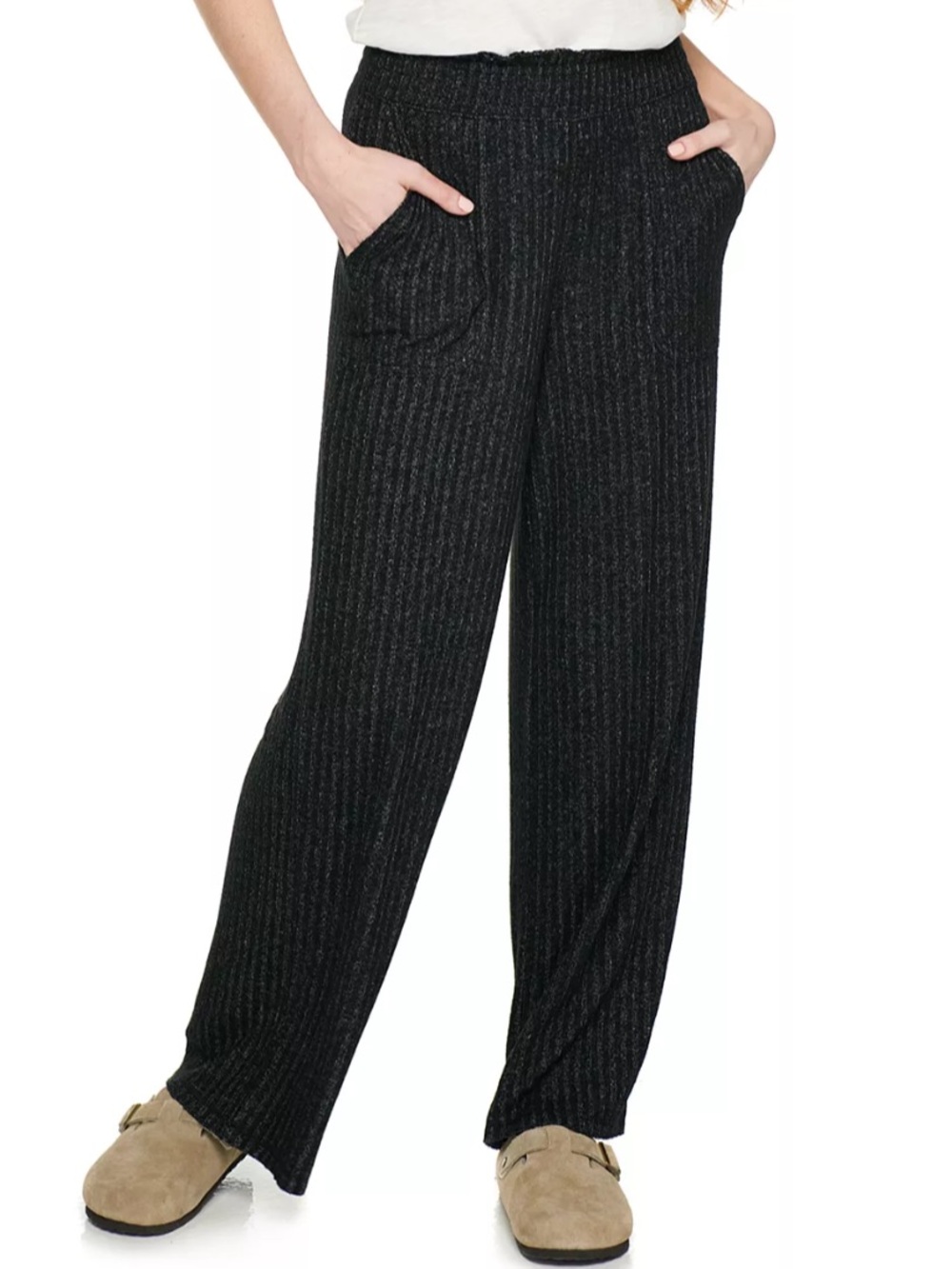 SO Pants Large High-Rise Wide Leg Black Grey Ribbed Knit Stretch Cozy Soft